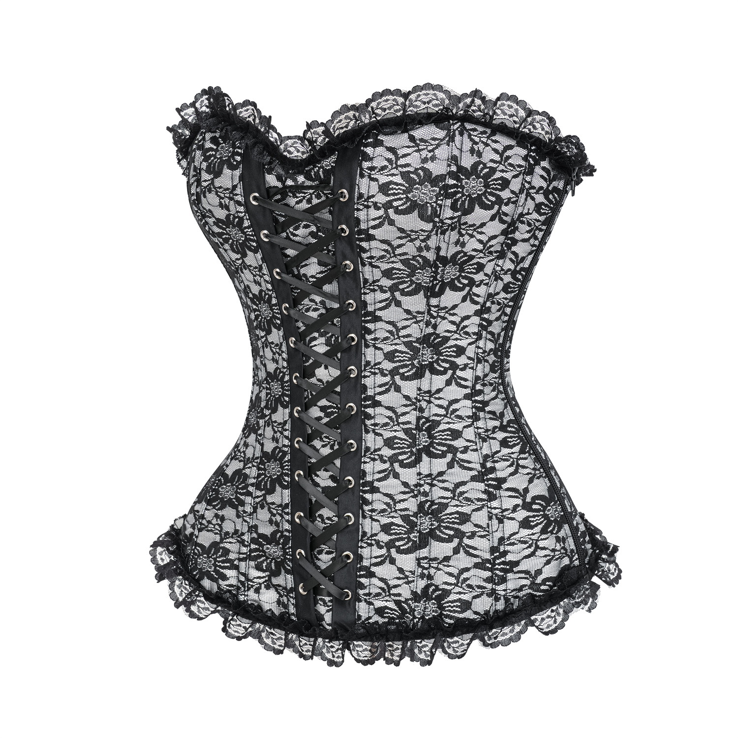 Womens Gothic Lace-Up Overbust Corset with Floral Jacquard and Lace Trim